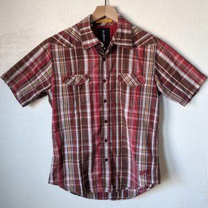Billabong Red Brown Plaid Short Sleeve Buttondown